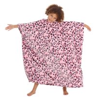 18C834: Older Girls Leopard Print Hooded Plush Fleece Long Line Poncho (One Size - 7-13 Years)